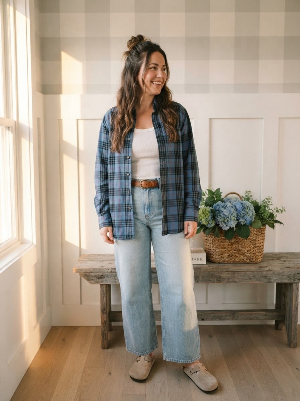 L.L. Bean Blue and Black Plaid Button-Down Shirt Medium